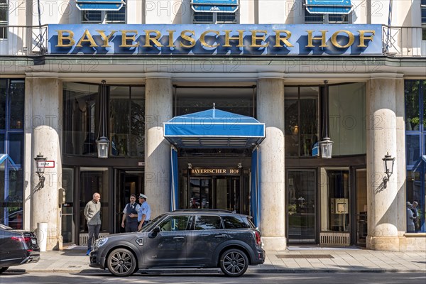 Hotel Bayerischer Hof, entrance with gold lettering and canopy, luxury hotel, venue of the Munich Security Conference, MSC, Promenadeplatz, Old Town, Munich, Upper Bavaria, Bavaria, Germany, Europe