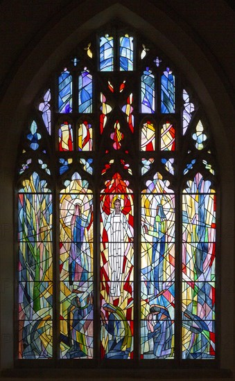 Stained glass window 'The Transfiguration' by Rosemary Rutherford 1973, Boxford church, Suffolk, England, UK