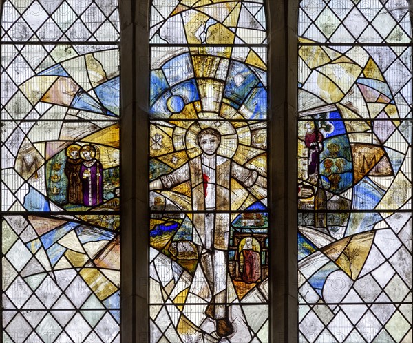 Millennium stained glass window of the Risen Christ by Pippa Blackall, Alpheton church, Suffolk, England, UK