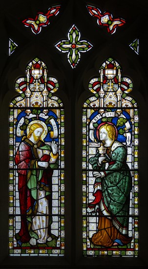 Jesus and Mary Magdalene stained glass window, Claydon church, Suffolk, England, UK c 1867 by Lavers, Barraud and Westlake