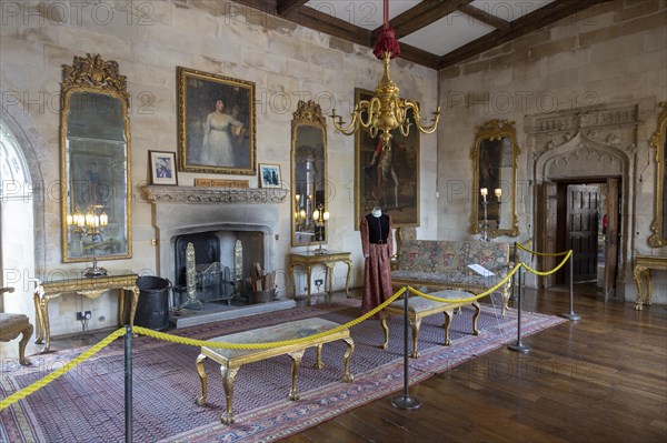 Furniture and paintings inside the Long Drawing Room, Berkeley castle, Gloucestershire, England, UK
