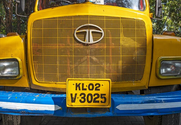 A detailed view of the front hood of colorful old Tata truck, Fort Kochi, Cochin, Kerala, India, Asia
