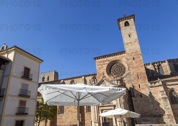 View from Plaza Mayor of cathedral church, Catedral de Santa Maria de Sigueenza, Siguenza, Guadalajara province, Spain, Europe