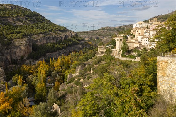 Landscape scenery of river Rio Jucar gorge with historic buildings, Cuenca, Castille La Mancha, Spain, Europe