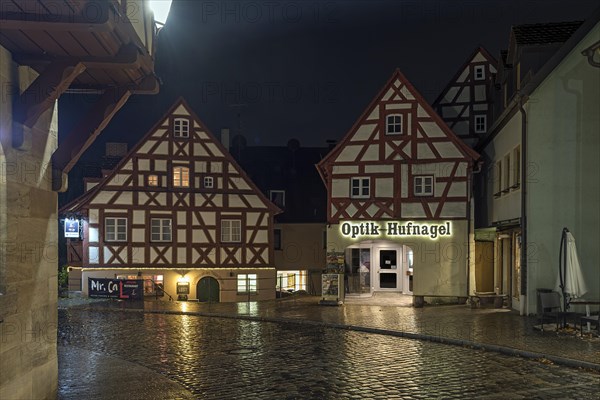 Historic half-timbered houses in the old town at night near Regen, Lauf an der Pegnitz, Middle Franconia, Bavaria, Germany, Europe