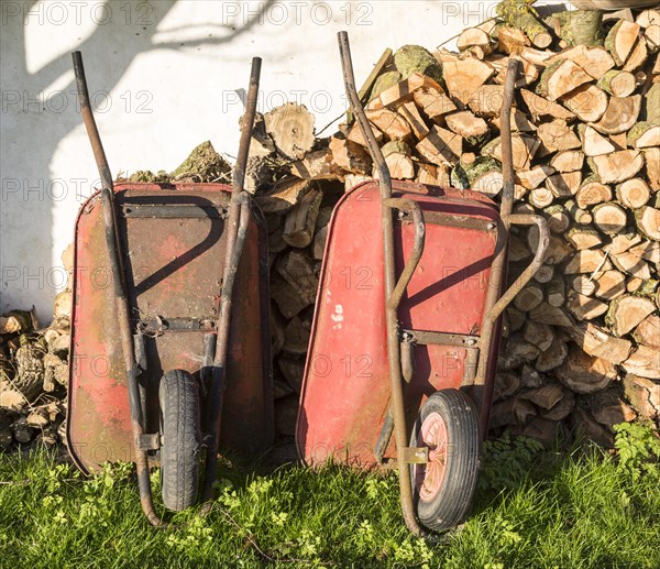 Two old red metal wheelbarrows leaning against pile wood logs in garden, Cherhill, Wiltshire, England, UK