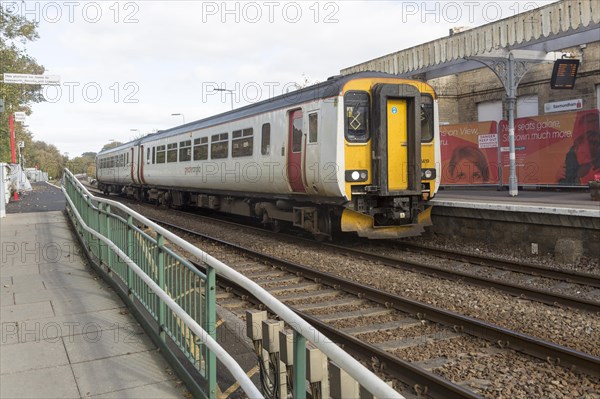 Railway station, Saxmundham, Suffolk, England, UK British Rail Class 156 Super Sprinter diesel multiple unit Greater Anglia train