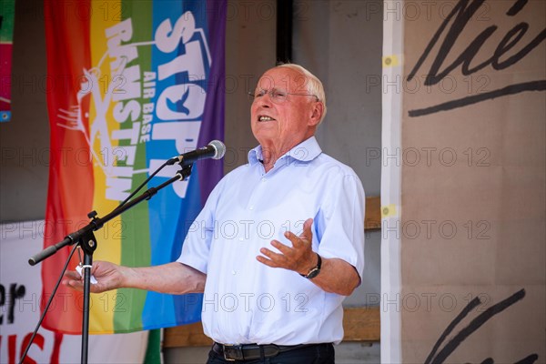 Oskar Lafontaine speaks at the peace demonstration in front of Ramstein Air Base against war and armament and in favour of diplomacy and negotiations