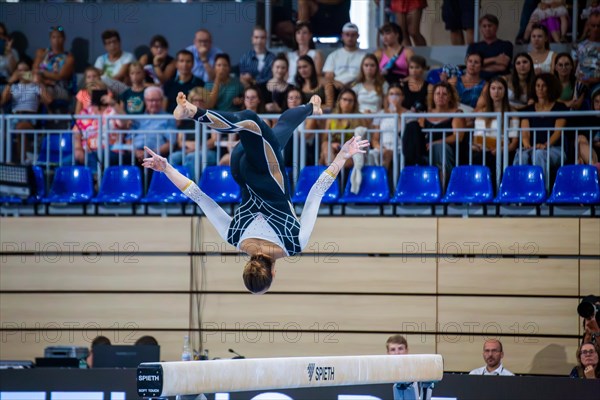 Heidelberg, 9 September 2023: Women's apparatus gymnastics national competition in the SNP Dome in Heidelberg. Sarah Voss performs on the balance beam