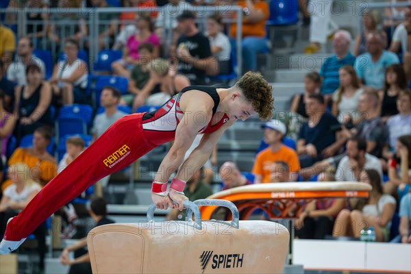 Heidelberg, 9 September 2023: Men's World Championship qualification in conjunction with a national competition against Israel. Alexander Kunz performing his pommel horse routine