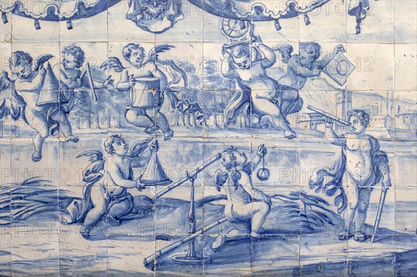 Blue and white azulejo tiles pictures related to geometry and mathematics, University of Evora, Portugal, Europe