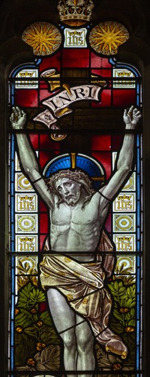Stained glass window deytail c 1881 Crucifixion Jesus Christ on cross, Wenhaston church, Suffolk, England, UK