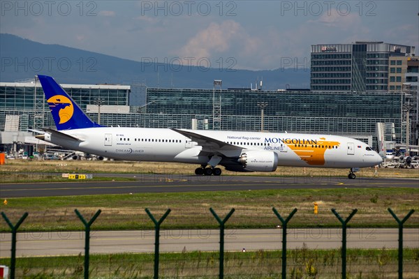 A Mongolian Airlines passenger aircraft at Frankfurt am Main Airport