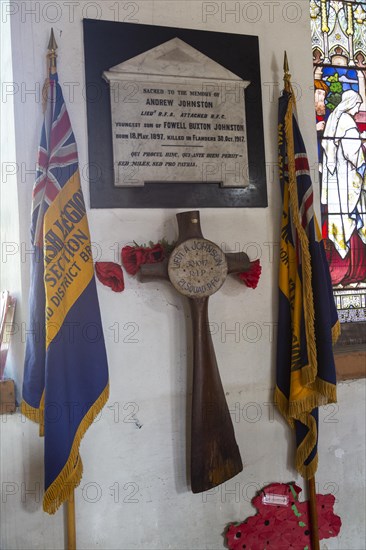 Interior of church of Saint Mary, Halesworth, Suffolk, England, UK, memorial monument to Royal Flying Corps casualty Andrew Johnston killed 1917