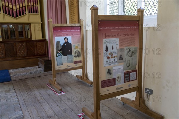 Display about Reverend Professor John Stevens Henslow (1796-1861), Hitcham church, Suffolk, England, UK tutor to Charles Darwin