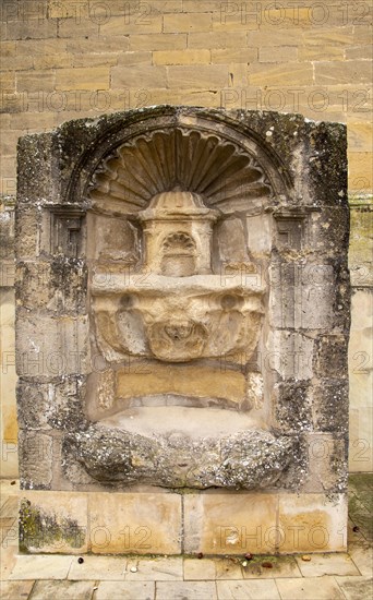 Historic carved stonework of water fountain in village of Laguardia, Alava, Basque Country, northern Spain
