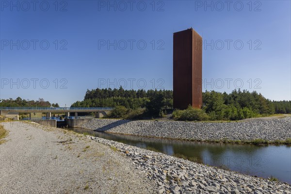 The 30 metre high landmark of the Lusatian Lakeland, the so-called Rusty Nail, was built at the mouth of Lake Sedlitz. It is a lookout tower made of 111 tonnes of Corten steel, with the base of a right-angled triangle with cathetus lengths of approximately twelve and eight metres. 162 steps lead to the viewing platform on the tower, Senftenberg, Brandenburg, Germany, Europe