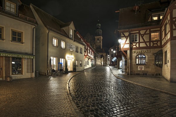 Historic half-timbered houses in the old town at night near Regen, Lauf an der Pegnitz, Middle Franconia, Bavaria, Germany, Europe