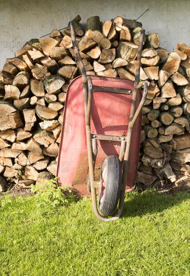 Old red metal wheelbarrow leaning against pile wood logs in garden, Cherhill, Wiltshire, England, UK