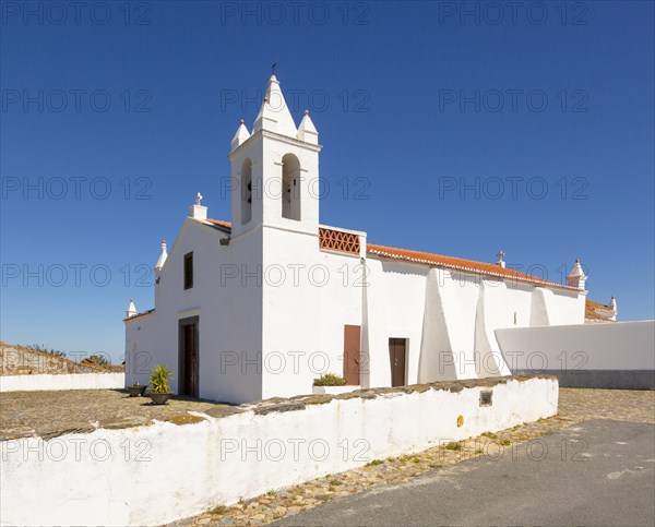Whitewashed building rural country village catholic church Igreja Santa Barbara de Padroes, near Castro Verde, Baixo Alentejo, Portugal, southern Europe, Europe