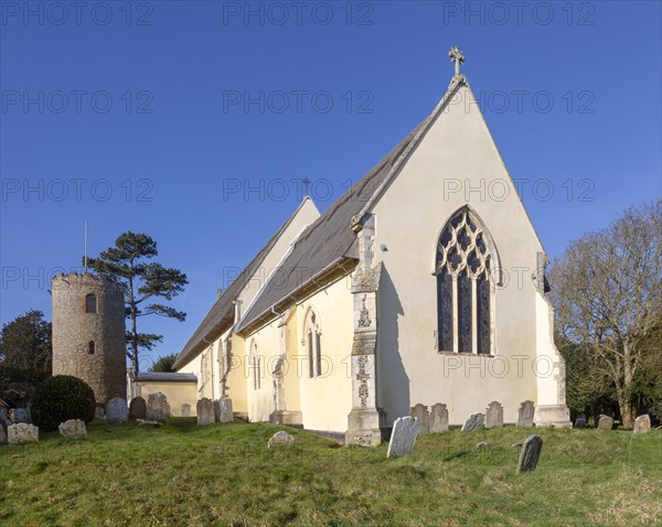 Unusual detached round tower in churchyard of church of Saint Andrew, Bramfield, Suffolk, England, UK