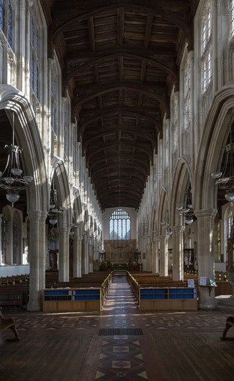 Interior of Holy Trinity Church, Long Melford, Suffolk, England, UK view down nave to east window