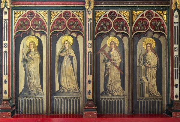 Victorian rood screen paintings, Bildeston church, Suffolk, England, UK, Saint Philomena, Saint Agnes, Saint Helen, Saint Barbara (1890s)