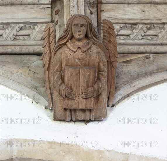 Church of All Saints, Great Glemham, Suffolk, England, UK carved wooden angel roof beam