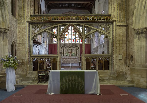 Church of Saint Mary, Berkeley, Gloucestershire, 15th century ornate stone rood screen Perpendicular tracery