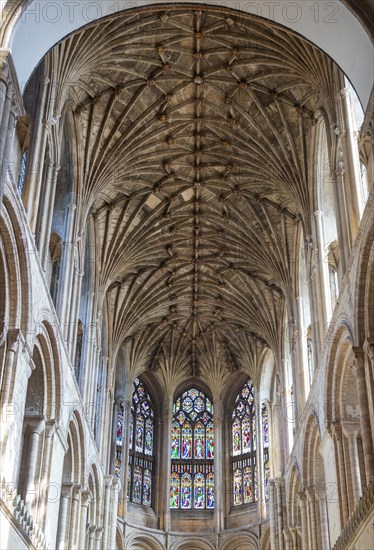 Vaulted stone roof ceiling of the chancel inside Norwich Cathedral, Norfolk, England, UK