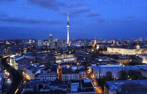 Berlin Mitte in the evening with the television tower at Alexanderplatz, Museum Island, the Red City Hall and the newly built Berlin Palace in the Humboldt Forum, 21.04.2021