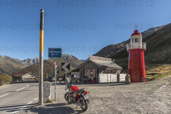 Oberalp Pass, lighthouse and Rhine spring information centre at the top of the pass, canton of Graubuenden, Switzerland, Europe