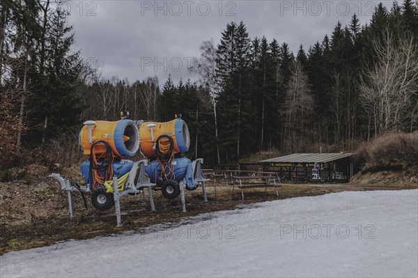 Snow cannons, photographed on a ski slope in the Jizera Mountains ski resort near Albrechtice v Jizerskych Horach, 05/02/2024. The Czech low mountain range with its ski resort is affected by increasingly warmer and shorter winters