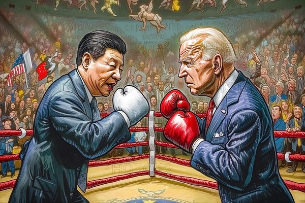 Two political leaders, Xi Jinping and Joe Biden, in a caricatured boxing match with a tense atmosphere and enthusiastic audience, symbolising the cultural, ideological and economic struggle between China and the USA, AI generated, AI generated