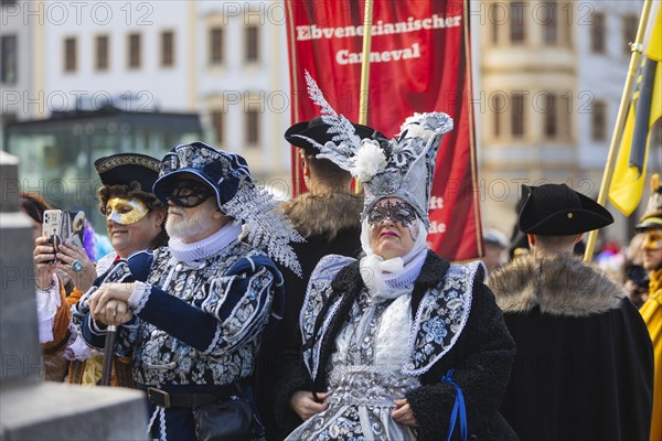 LUST & PASSION & JOY OF LIFE, for the joy of the masquerade, the Elbvenezian Carnival took place in Dresden on the weekend in front of Rose Monday. The highlight was the joint stroll through the historic centre with masks in robes in the style of the Elbe Venetian Carnival from the Neumarkt through the Altmarktgalerie, the Schlossstrasse, through the Stallhof, along the Fuerstenzug, onto the Bruehlsche Terrasse and into the Bruehlsche Garten, Dresden, Saxony, Germany, Europe