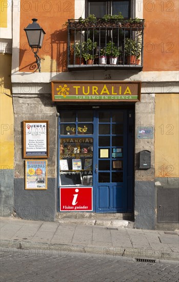 Small shop Turalia, offering tourist guides in historic part of Cuenca, Castille La Mancha, Spain, Europe
