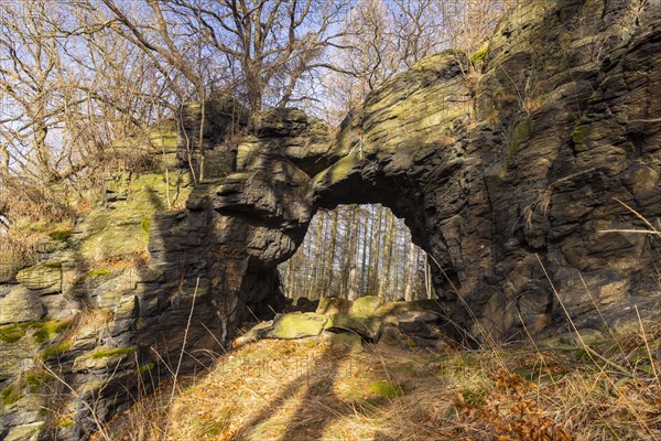 The Hohle Stein, a rock gate about three metres high and about four metres wide near Oelsen (area natural monument), Oelsen, Saxony, Germany, Europe