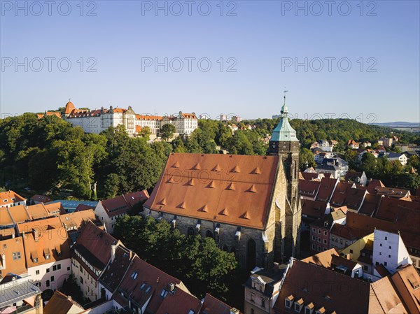 Pirna on the Elbe. General view of the old town centre with St. Mary's Cathedral and Sonnenstein Fortress, Pirna, Saxony, Germany, Europe