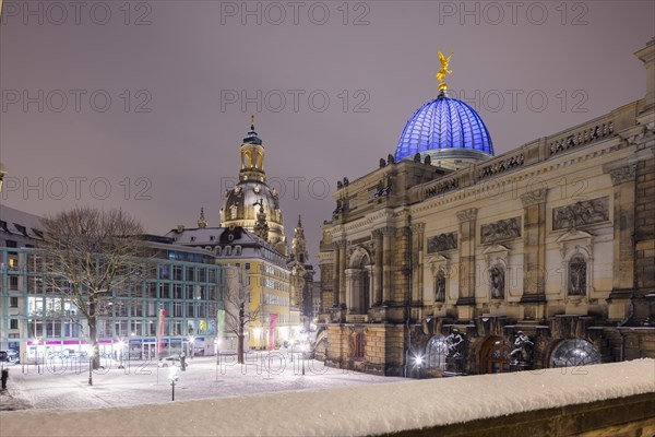 The old town of Dresden with its historic buildings. Georg Treu Platz with art society building and Church of Our Lady, Dresden, Saxony, Germany, Europe