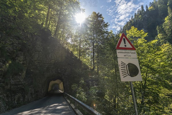 Mountain village Ebnit, municipality Dornbirn, tunnel, valley Ebniter Arche, traffic sign, Bregenzerwald, Voralberg, Austria, Europe
