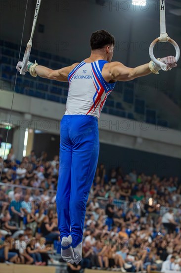 Heidelberg, 9 September 2023: Men's World Championship qualification in conjunction with a national competition against Israel. Daniel Woerz during his routine on the rings