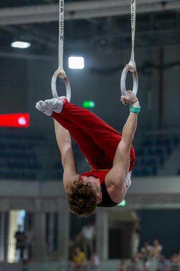 Heidelberg, 9 September 2023: Men's World Championship qualification in conjunction with a national competition against Israel. Alexander Kunz during his routine on the rings