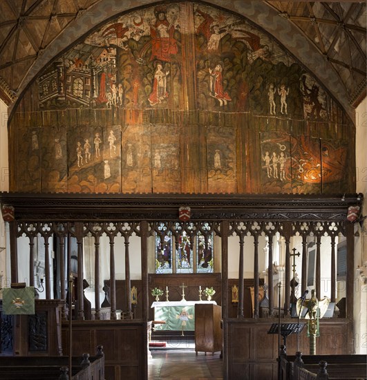 Doom painting on wooden panels at Saint James the Great church, Dauntsey, Wiltshire, England, UK