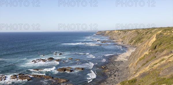 Rocky rugged coastal landscape on the Rota Vicentina Fisherman's Trail long distance footpath route, near Bunheira, Aljezur, Algarve, Portugal, Southern Europe, Europe