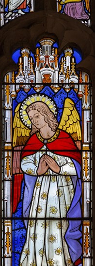 Victorian 19th century stained glass window, Lawshall church, Suffolk, England, UK by Horwood Bros, angel