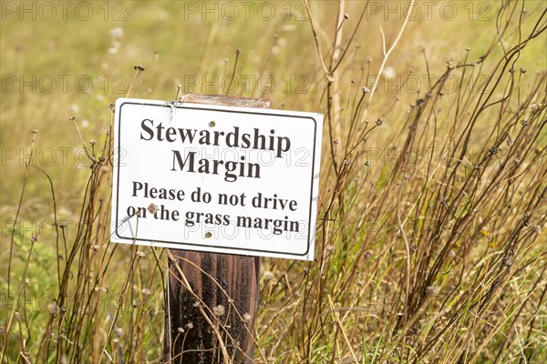 Sign for stewardship margin conservation strip of land in arable field, Inkpen Hill, Berkshire, England, UK