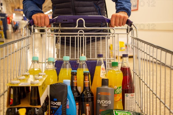 Shopping trolley with food in a supermarket in Germany