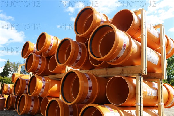 Stack of KG pipes on a construction site (Mutterstadt, Germany, 15/05/2019), Europe