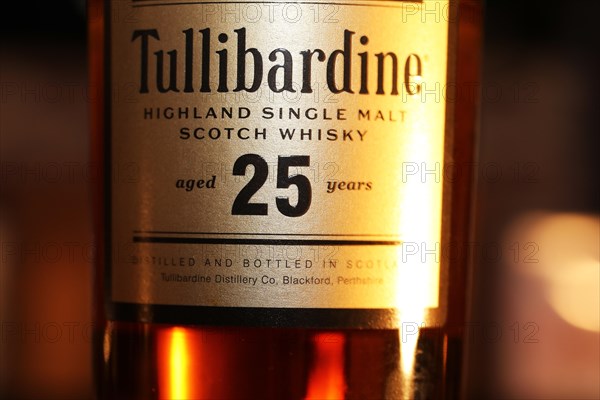 Close-up of a bottle of Tullibardine Single Malt 25 Years whiskey