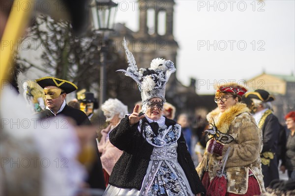 LUST & PASSION & JOY OF LIFE, for the joy of the masquerade, the Elbvenezian Carnival took place in Dresden on the weekend in front of Rose Monday. The highlight was the joint stroll through the historic centre with masks in robes in the style of the Elbe Venetian Carnival from the Neumarkt through the Altmarktgalerie, the Schlossstrasse, through the Stallhof, along the Fuerstenzug, onto the Bruehlsche Terrasse and into the Bruehlsche Garten, Dresden, Saxony, Germany, Europe